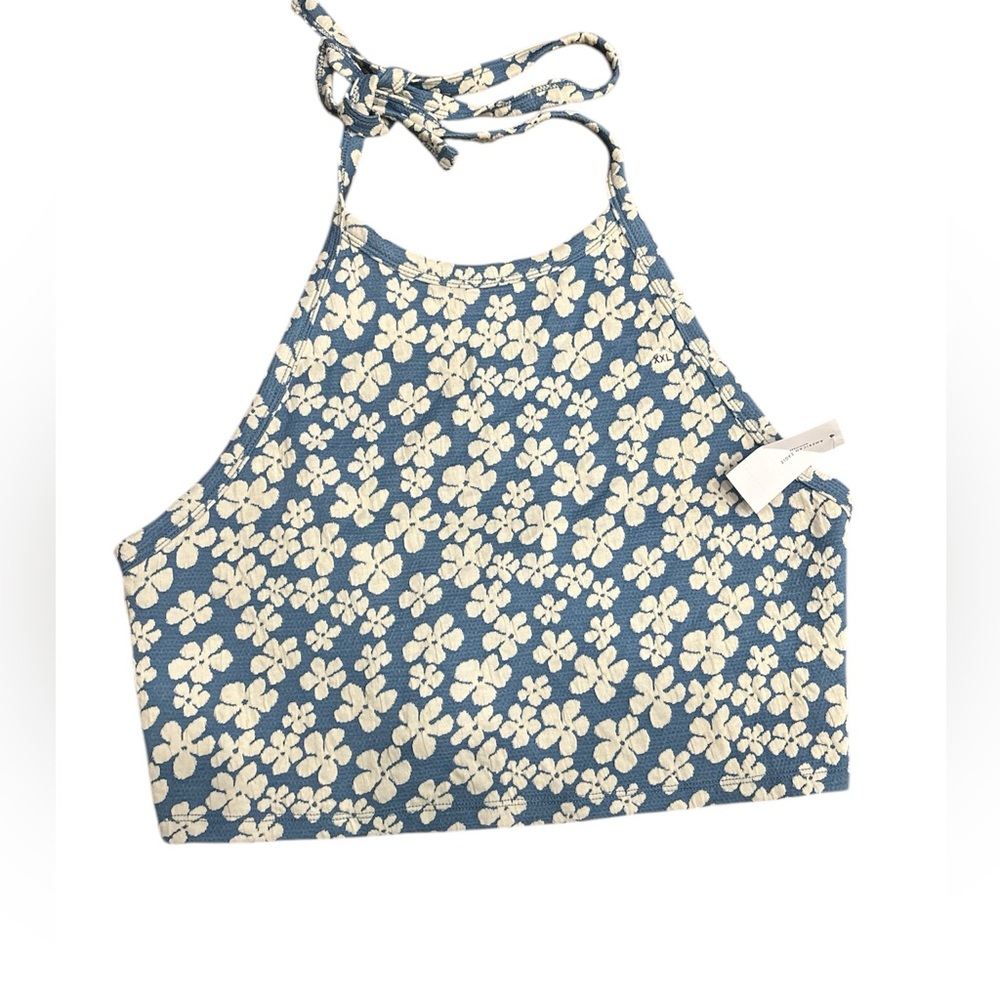 American Eagle Outfitters Blue & Cream Floral Halter Tank Top